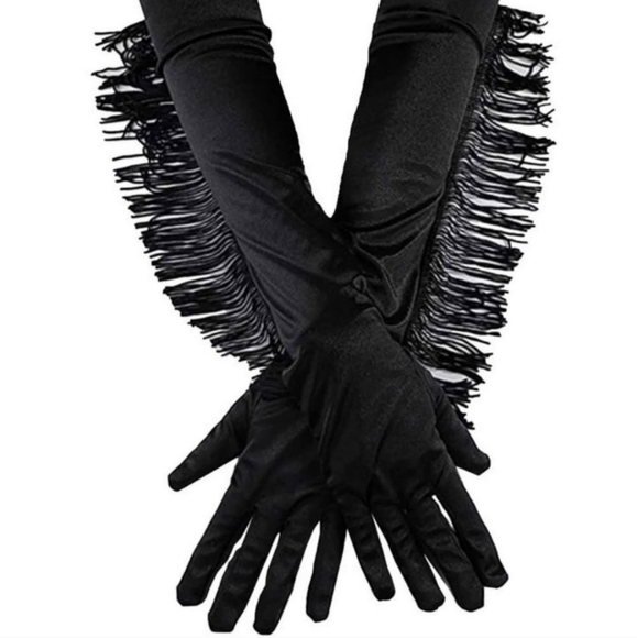 Tassel Fringed Full Finger Black Satin Gloves NEW - Picture 3 of 4